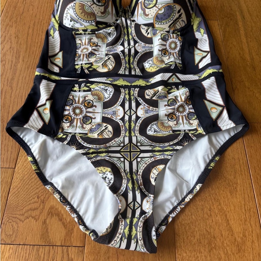 Tory Burch Geometric Print Swimsuit in Black, White, and Gold